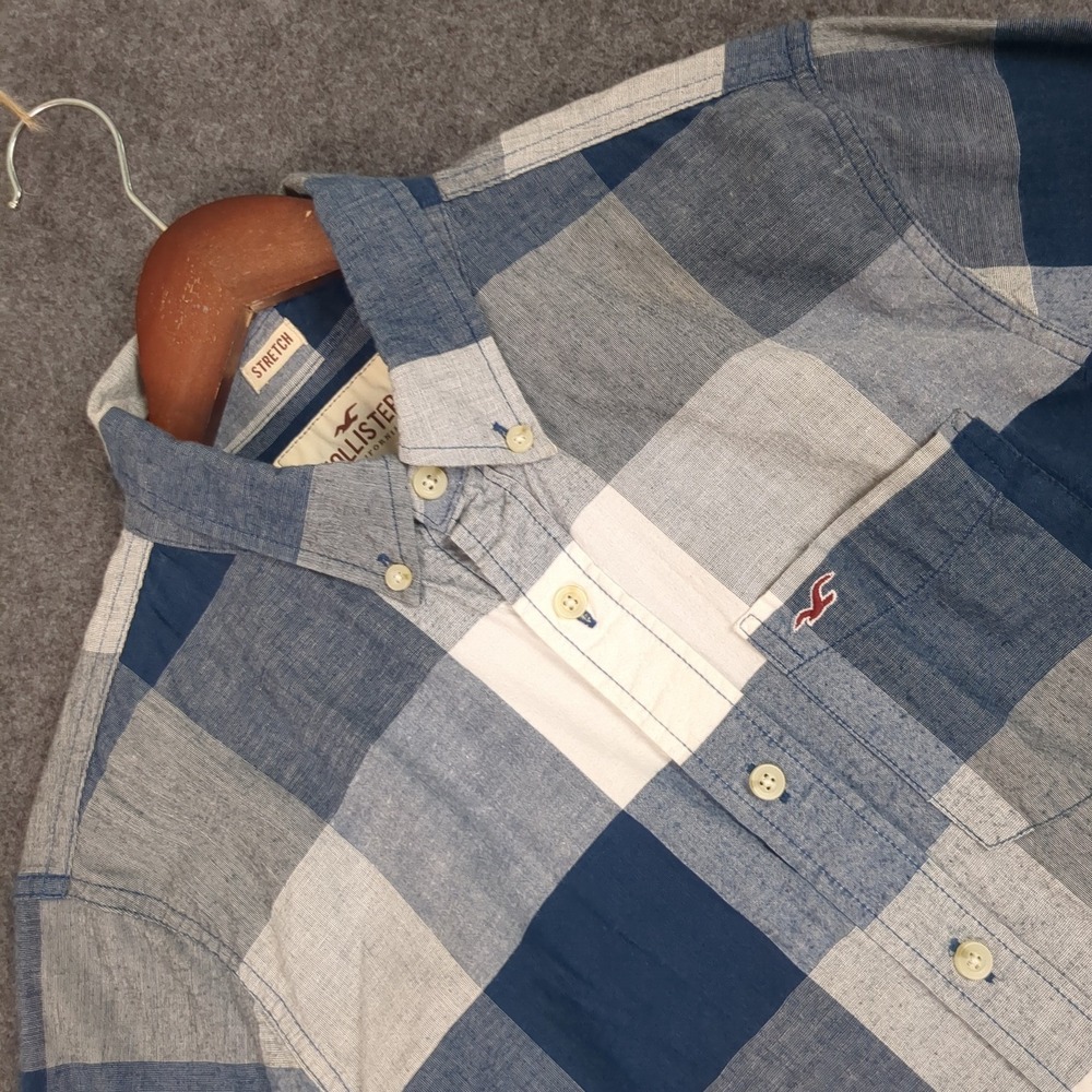 Hollister Mens Blue White Buffalo Plaid Stretch Button Down Shirt Size M